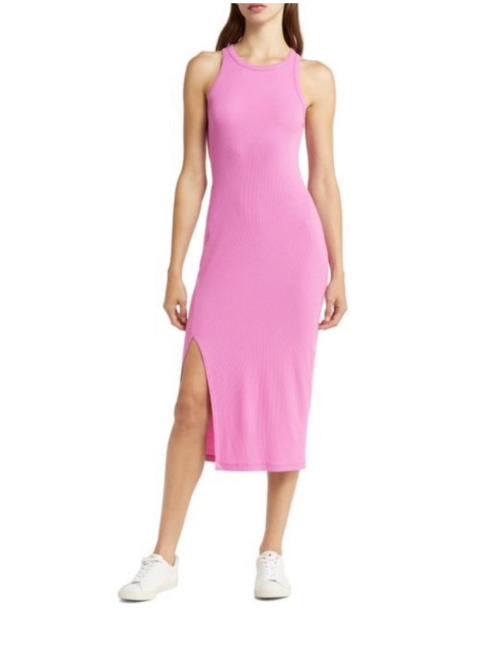Beyond Yoga Ease Into It Ribbed Pink Sleeveless Midi Dress Size Medium